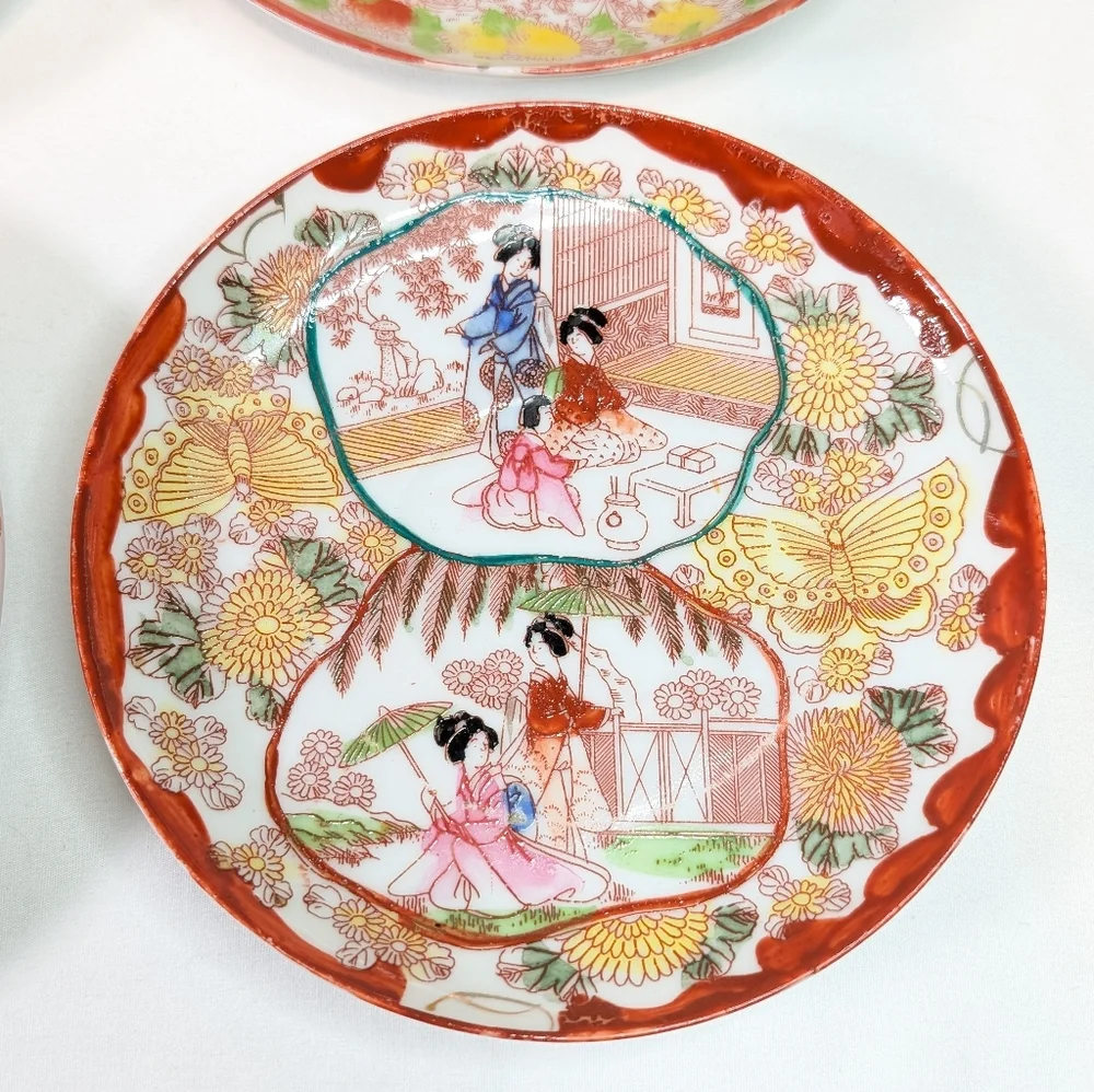 Vintage Japanese Kutani Porcelain Hand Painted Plates Set Of 7